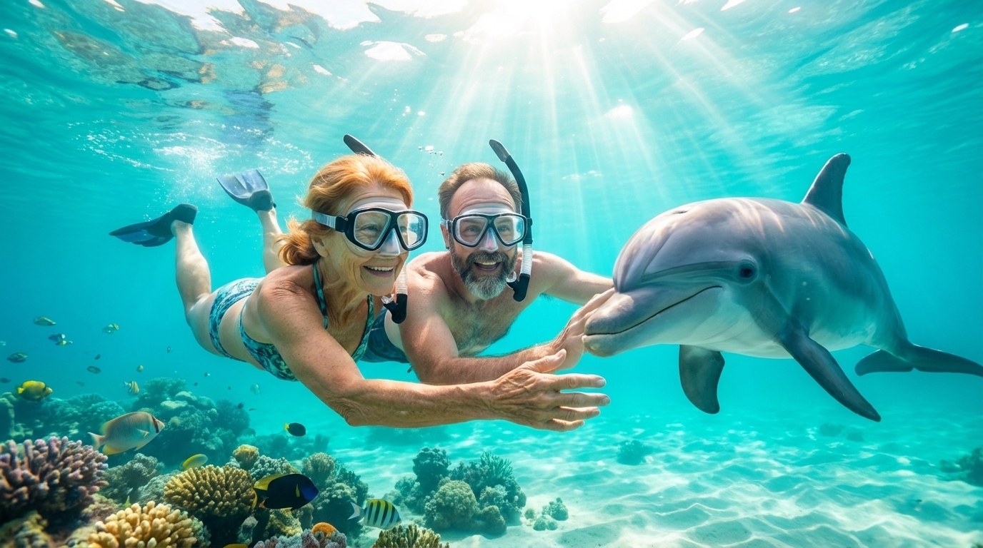Jason and Ada snorkeling with a dolphin in clear turquoise water