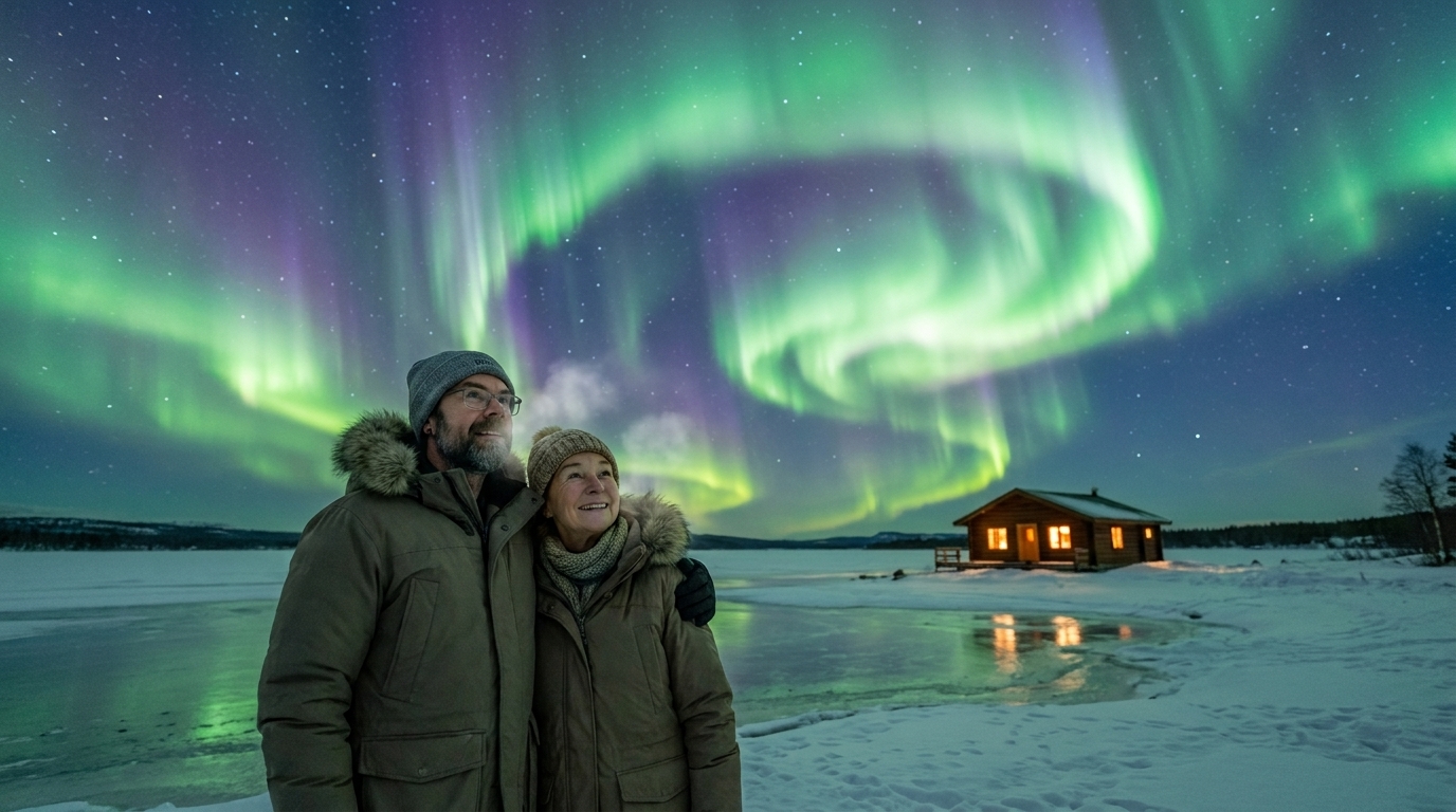 Jason and Ada under the northern lights by a frozen lake