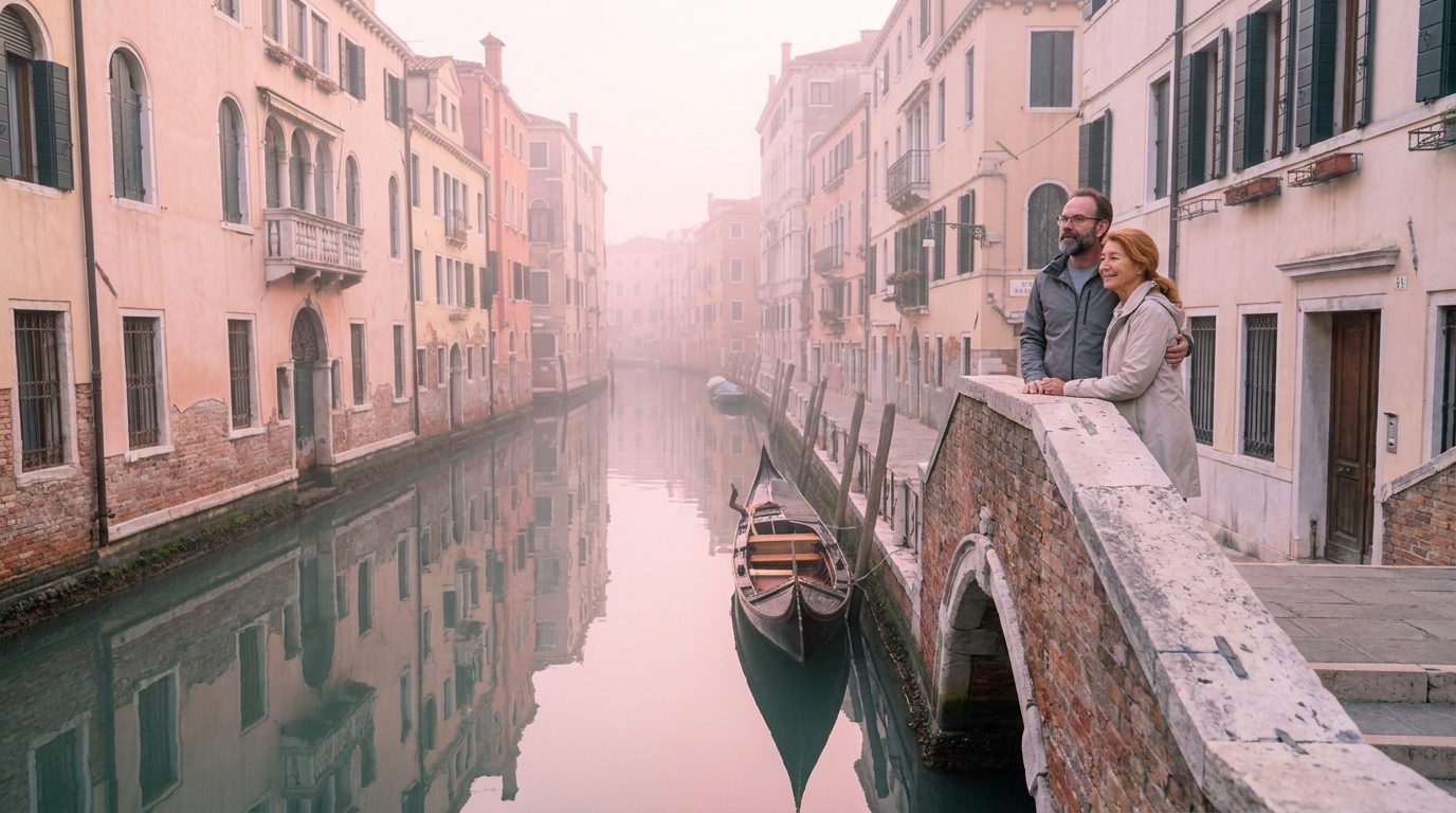 Jason and Ada on a bridge over an empty Venice canal at pink dawn