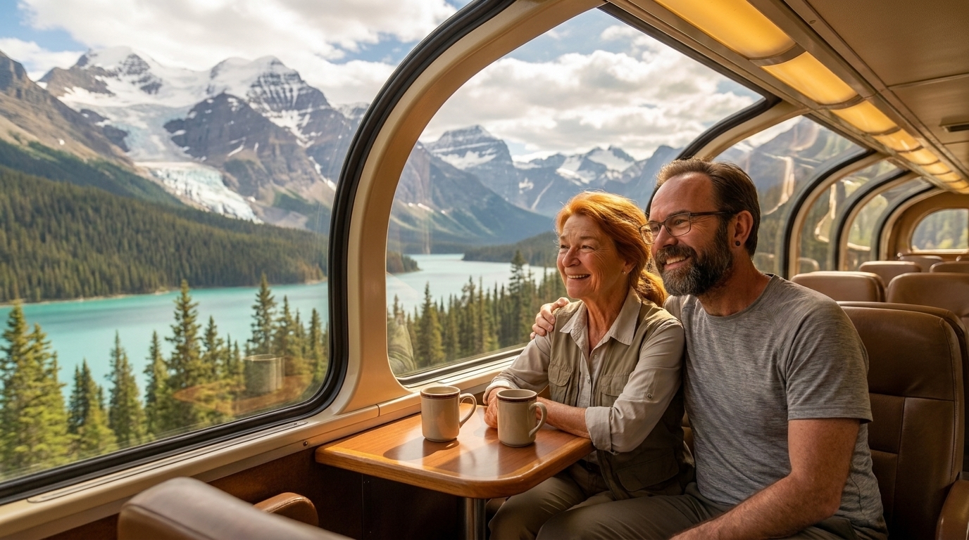 Jason and Ada on a glass-domed train through the Canadian Rockies