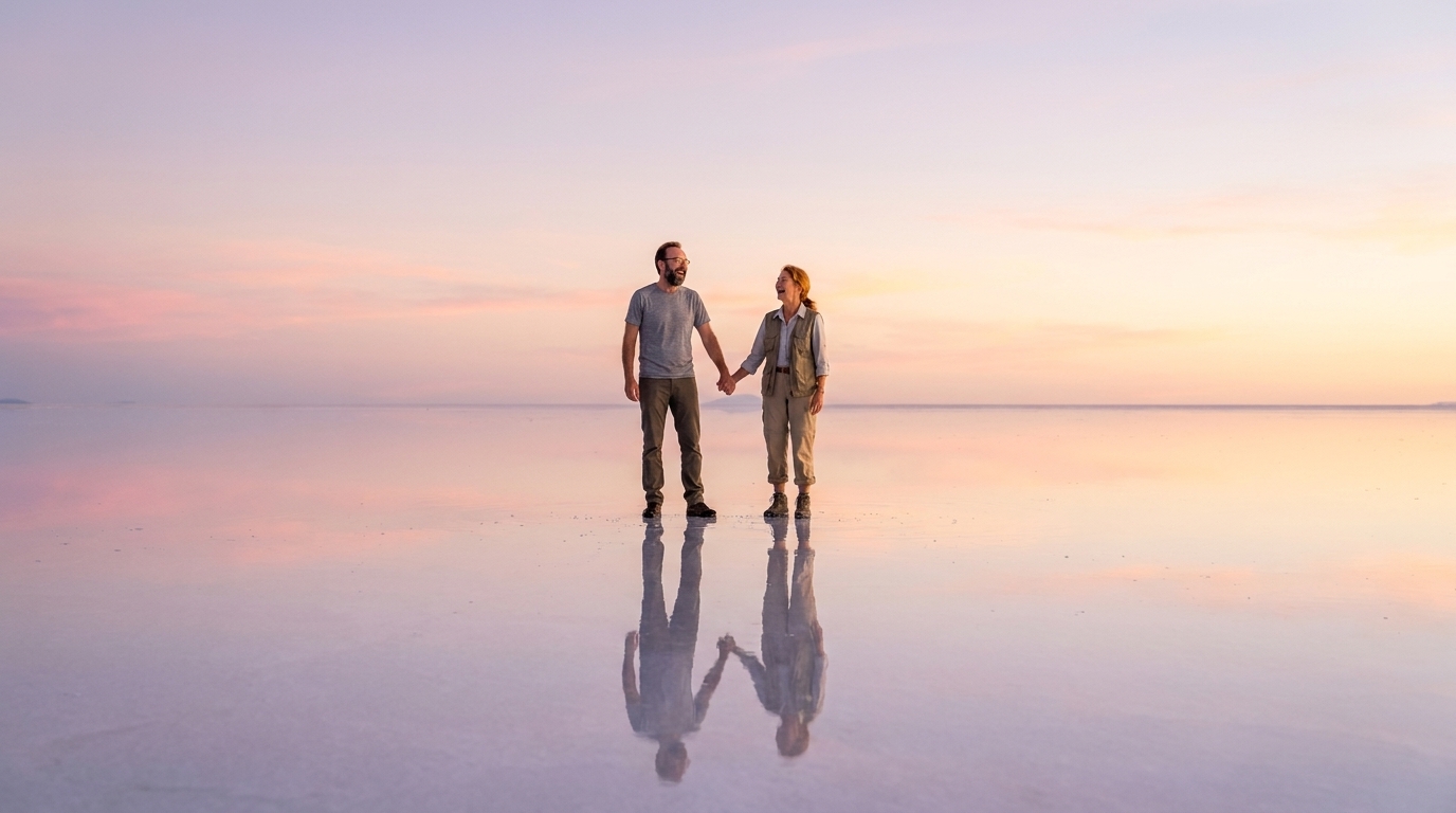 Jason and Ada on the mirror-like Bolivian salt flats at sunset