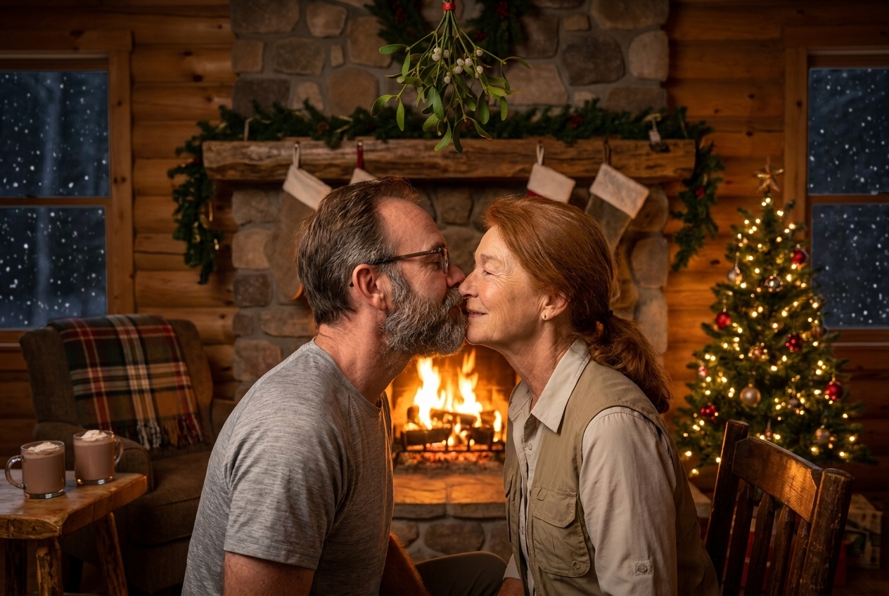 Jason and Ada kissing under the mistletoe by the fire in a winter cabin