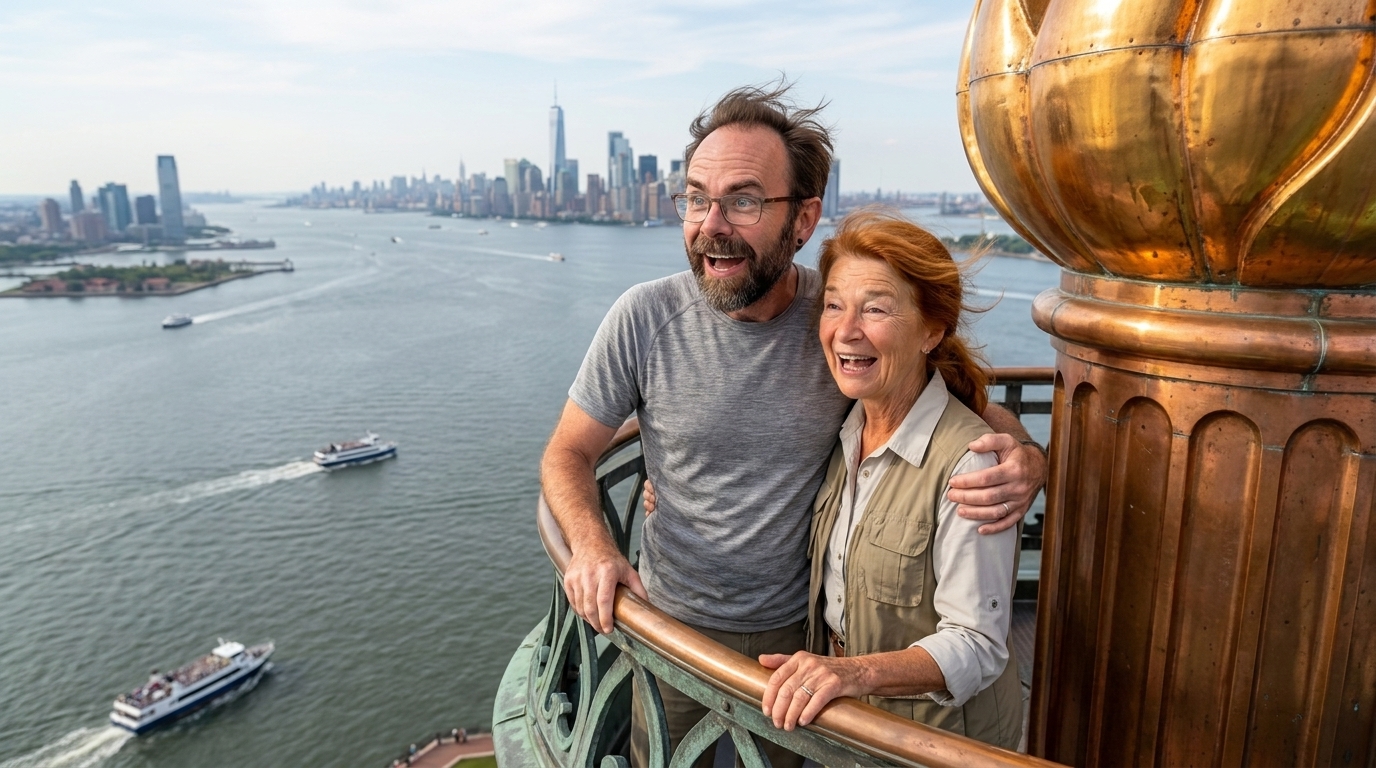 Jason and Ada at the torch of the Statue of Liberty over New York Harbor
