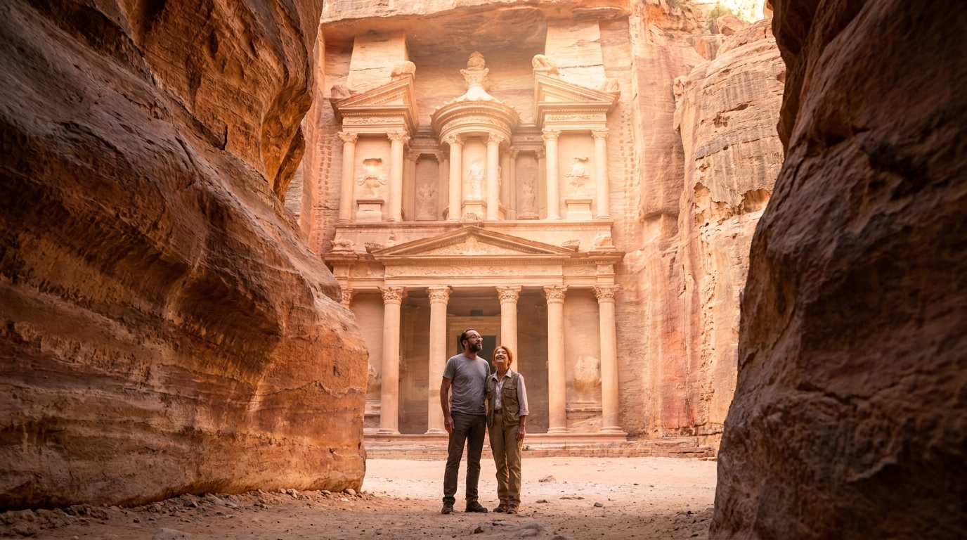 Jason and Ada looking up at the Treasury in Petra from the Siq canyon