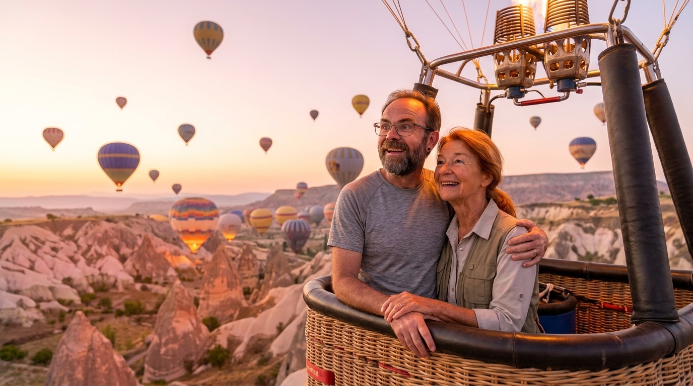 Jason and Ada in a hot-air balloon at sunrise over Cappadocia