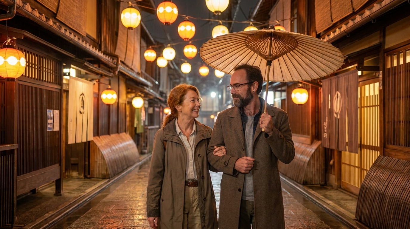 Jason and Ada walking under paper lanterns in a Kyoto alley at night