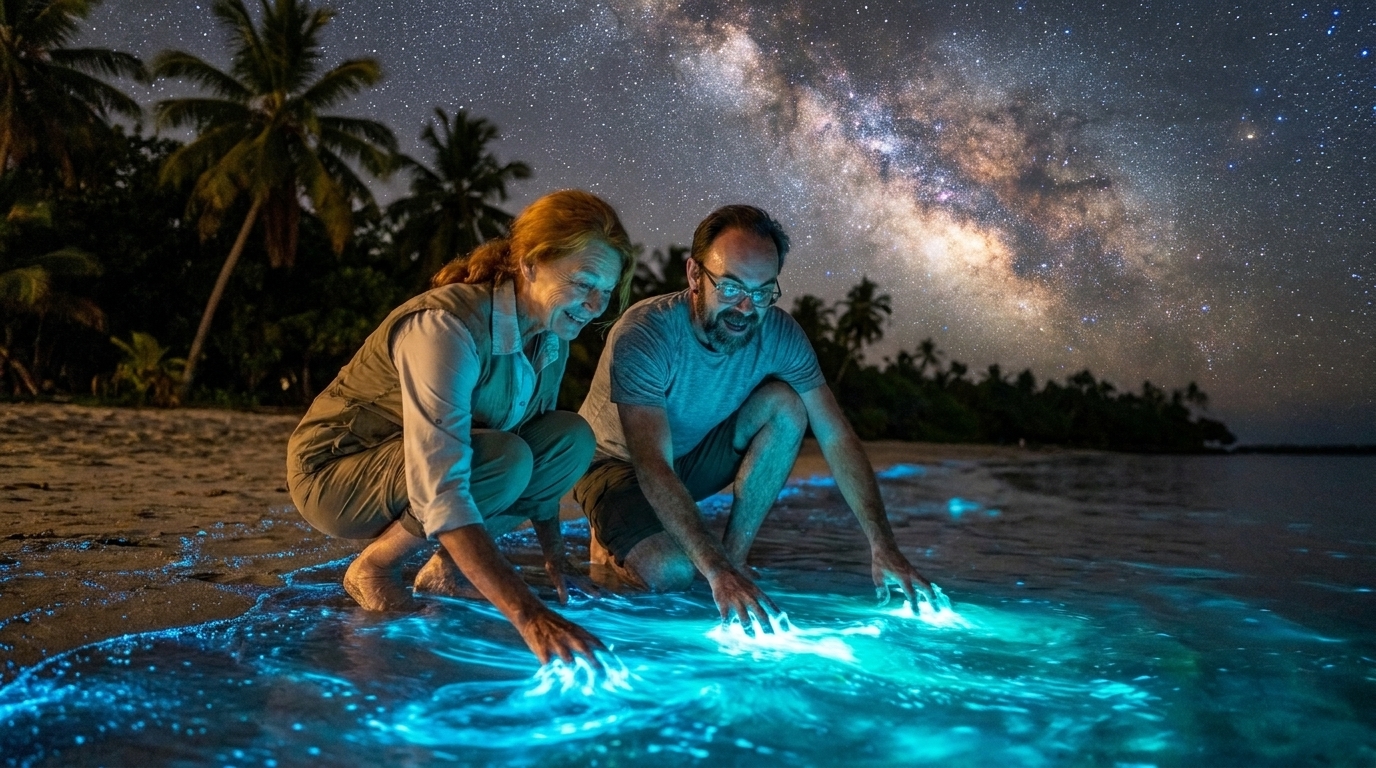 Jason and Ada touching glowing bioluminescent water on a starlit shore