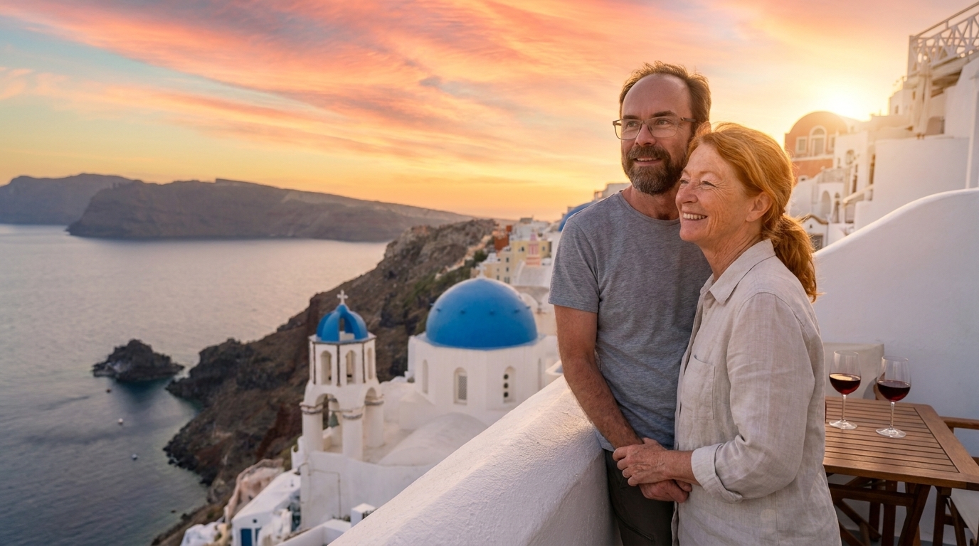 Jason and Ada watching the sunset over the Santorini caldera and blue domes