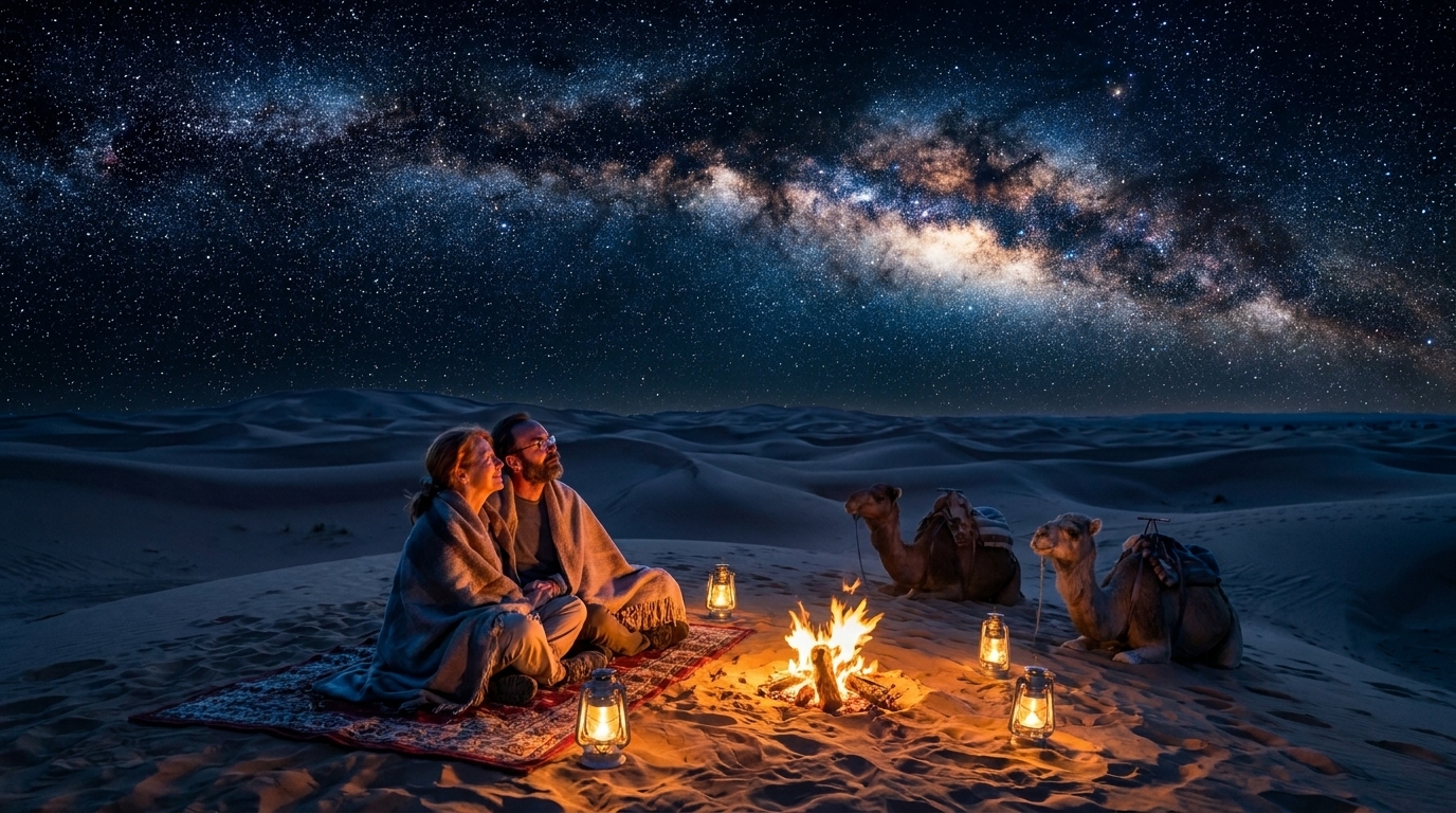 Jason and Ada under the Milky Way at a firelit Sahara desert camp