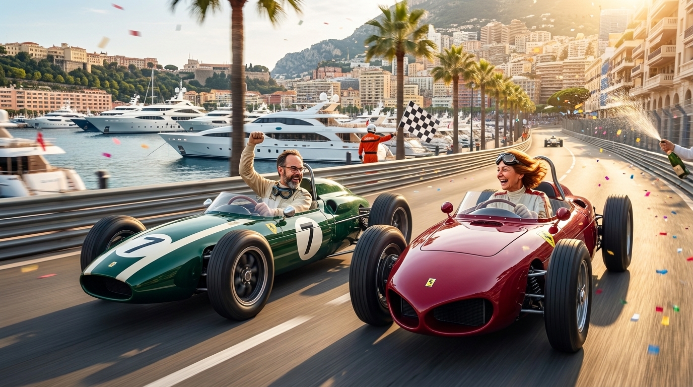 Jason and Ada racing classic Grand Prix cars on a victory lap at Monaco