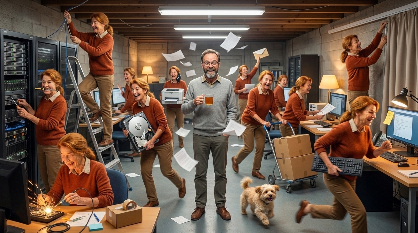 A basement server room in cheerful chaos: twenty-one identical copies of Ada all doing different jobs at once, while Jason stands calmly in the middle holding a mug of tea